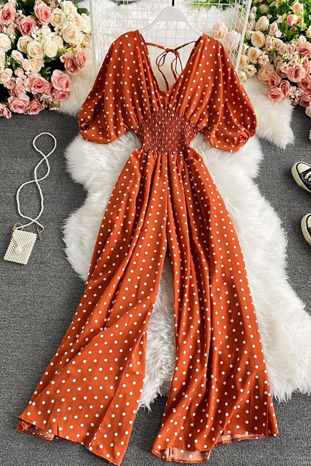 Boho Vintage  Jumpsuit, Boho Romper, Playsuit, Smocked Polka Dot in Orange, Red, Blue and Green