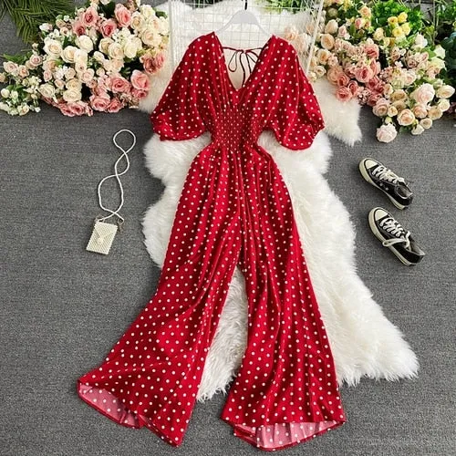 Boho Vintage  Jumpsuit, Boho Romper, Playsuit, Smocked Polka Dot in Orange, Red, Blue and Green