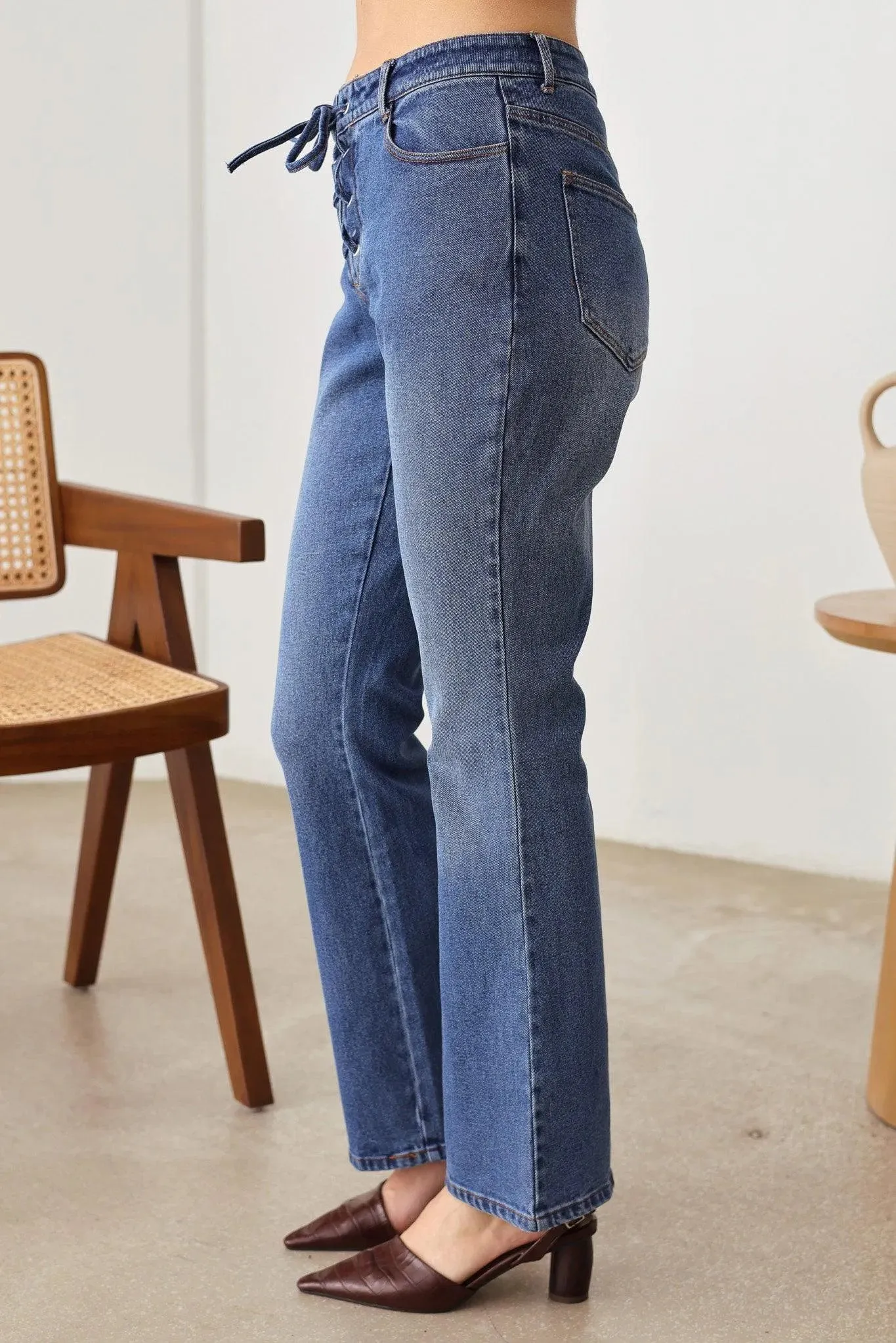 Bootcut Leg Front Tie Four Pocket Stretchy Denim Jeans