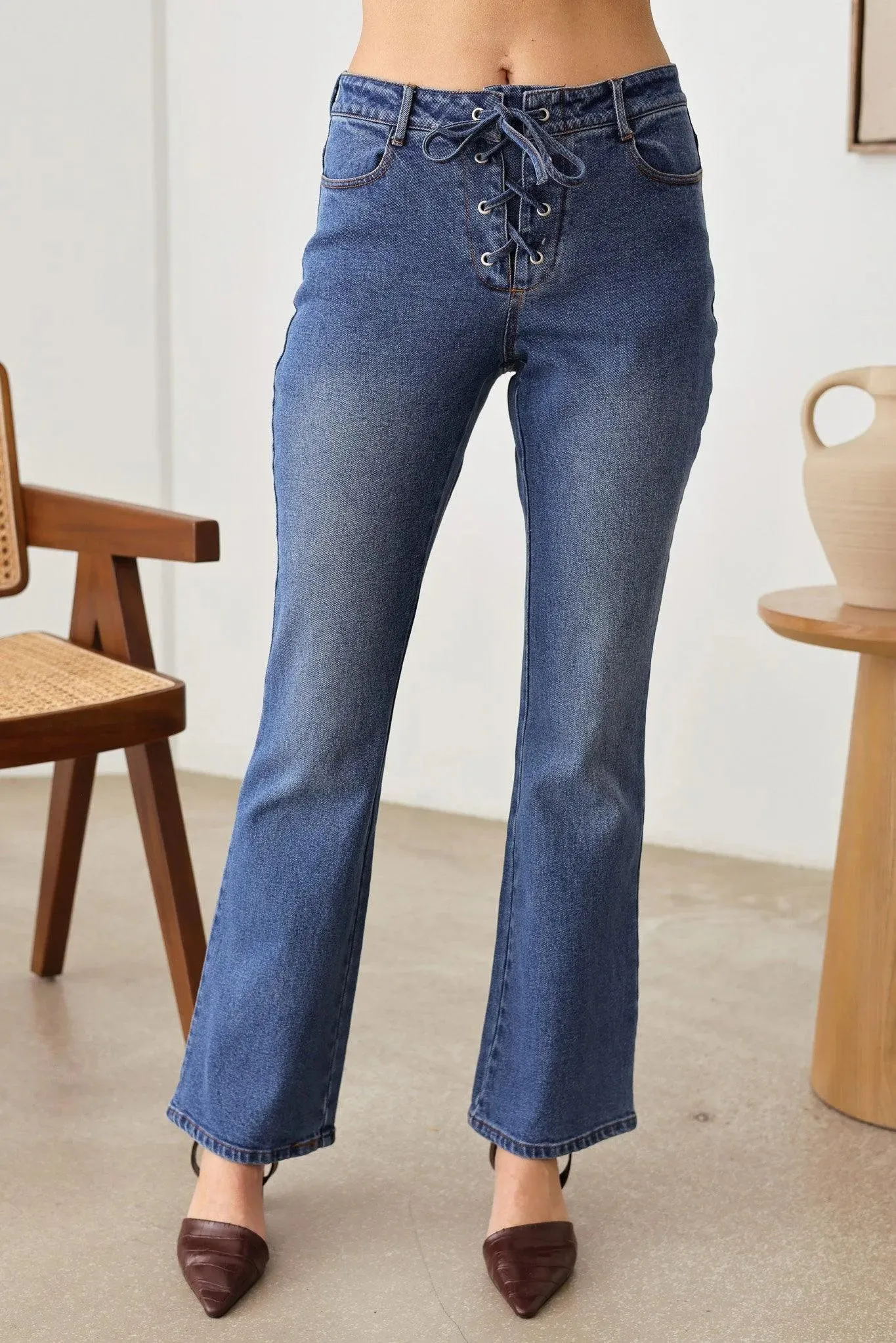 Bootcut Leg Front Tie Four Pocket Stretchy Denim Jeans