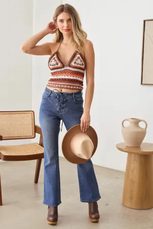 Bootcut Leg Front Tie Four Pocket Stretchy Denim Jeans