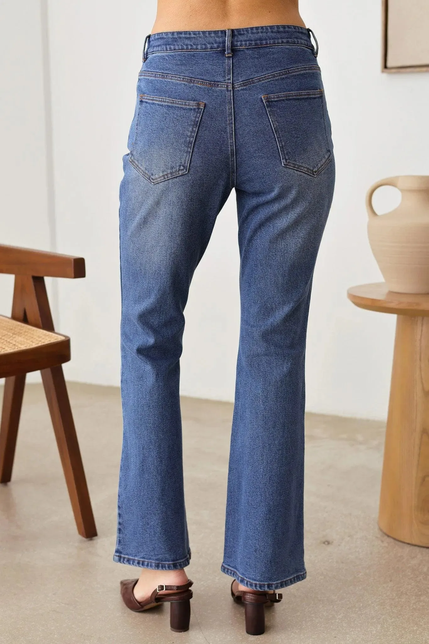 Bootcut Leg Front Tie Four Pocket Stretchy Denim Jeans
