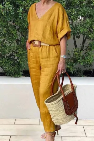 Casual Elegant Solid V Neck Short Sleeve Two Pieces(3 Colors)