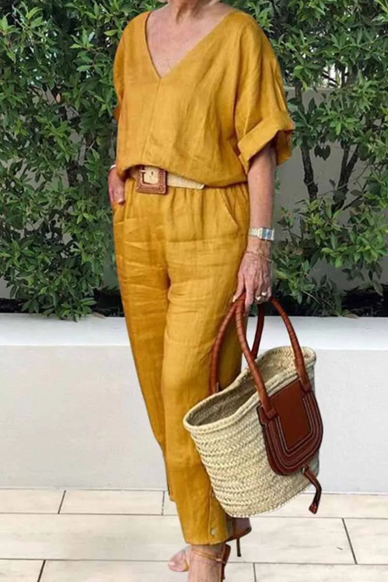 Casual Elegant Solid V Neck Short Sleeve Two Pieces(3 Colors)