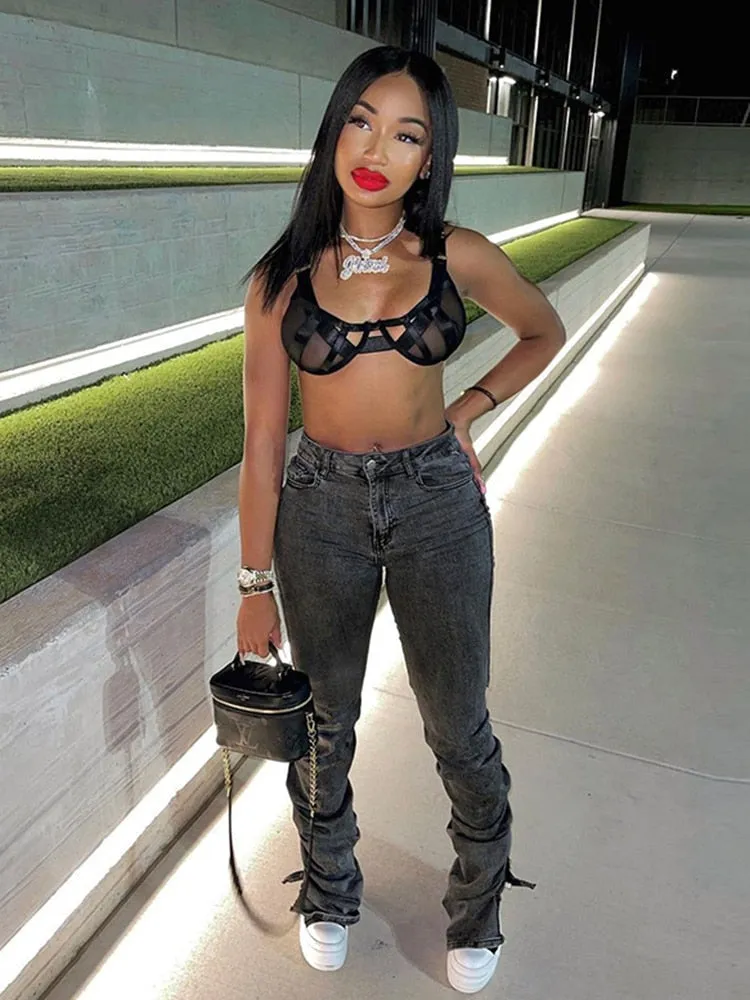 Casual Split Ruched High Waist Pencil  Stacked Pants