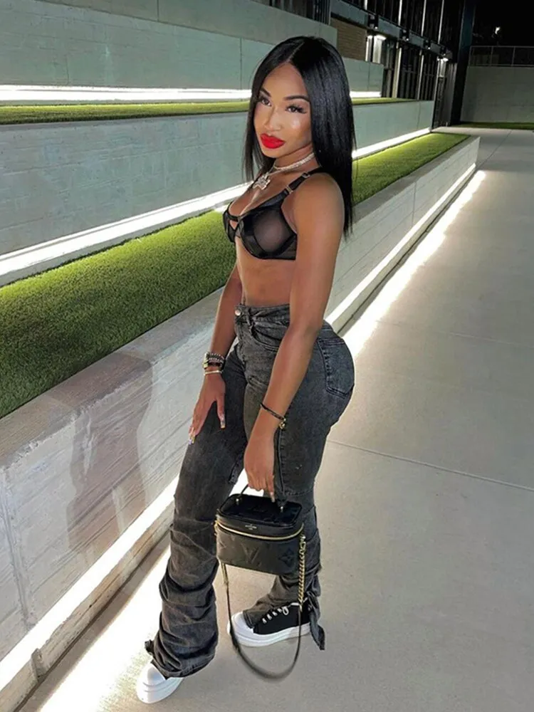 Casual Split Ruched High Waist Pencil  Stacked Pants