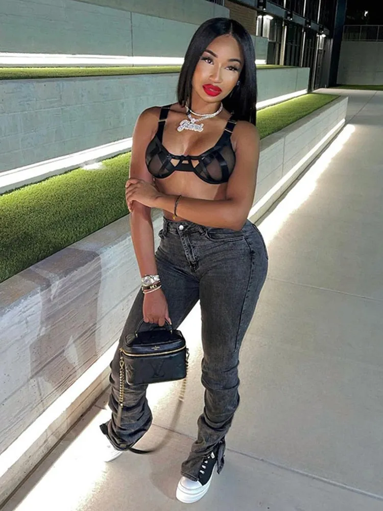 Casual Split Ruched High Waist Pencil  Stacked Pants