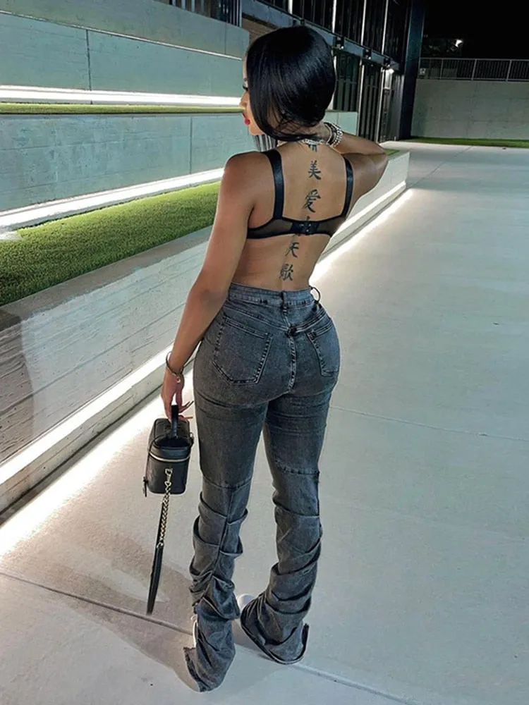 Casual Split Ruched High Waist Pencil  Stacked Pants