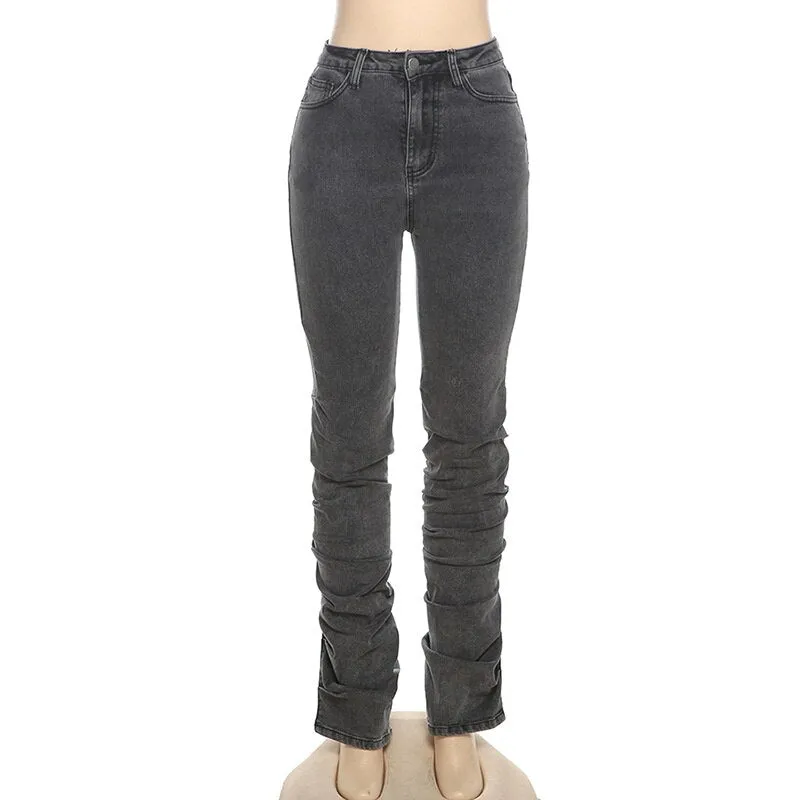 Casual Split Ruched High Waist Pencil  Stacked Pants