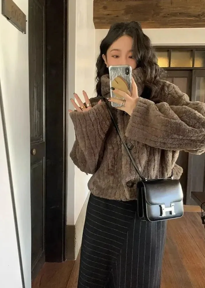 Cropped Faux Buttoned Fur Coat