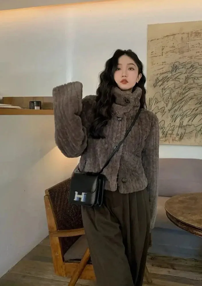 Cropped Faux Buttoned Fur Coat