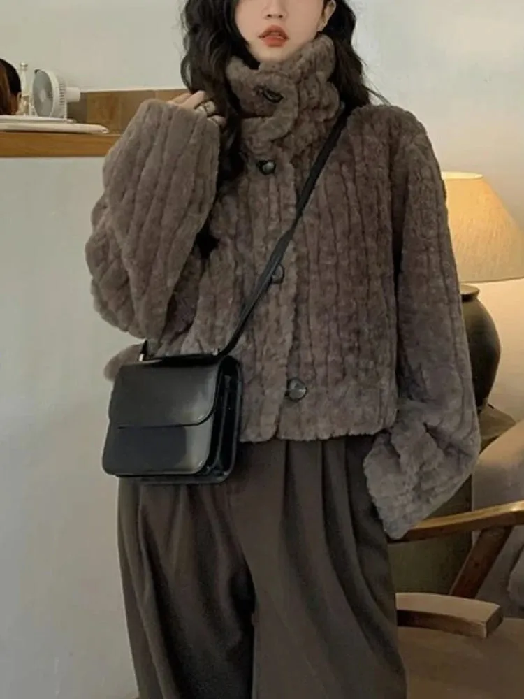 Cropped Faux Buttoned Fur Coat