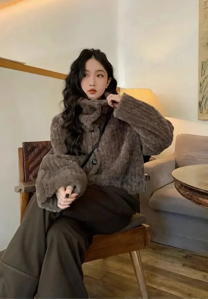Cropped Faux Buttoned Fur Coat