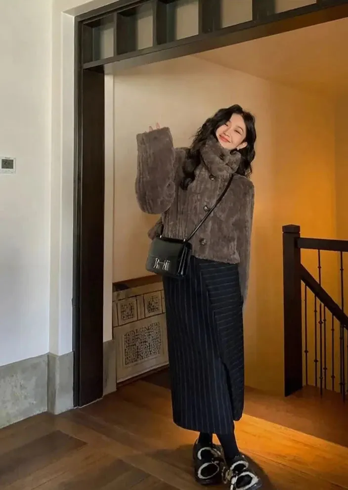 Cropped Faux Buttoned Fur Coat