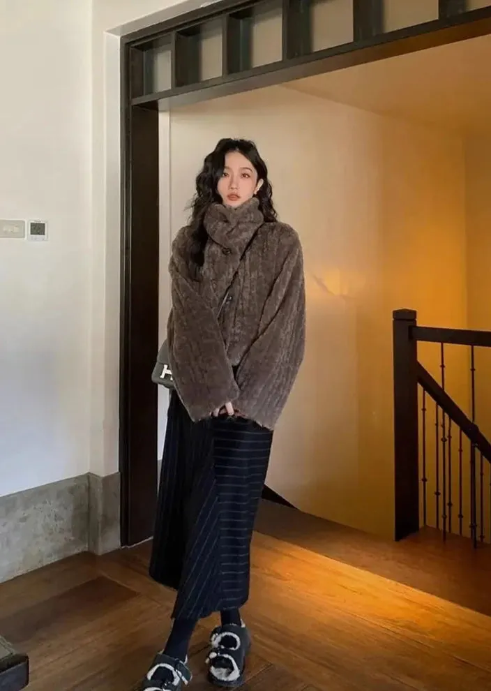 Cropped Faux Buttoned Fur Coat