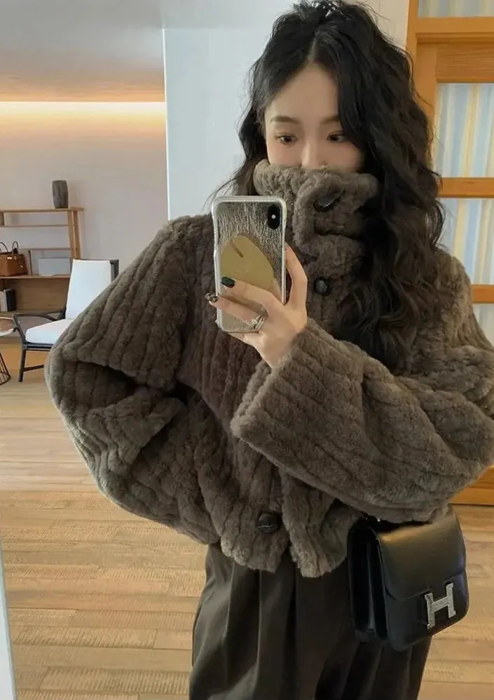 Cropped Faux Buttoned Fur Coat