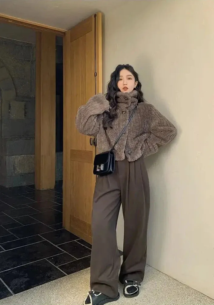 Cropped Faux Buttoned Fur Coat