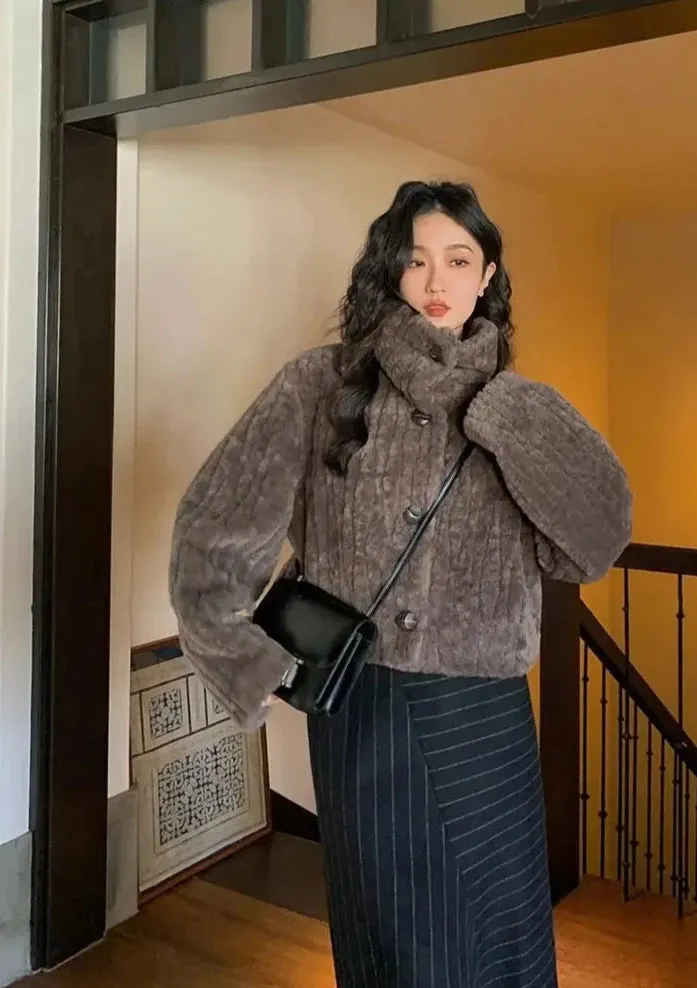 Cropped Faux Buttoned Fur Coat