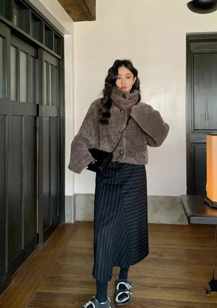 Cropped Faux Buttoned Fur Coat