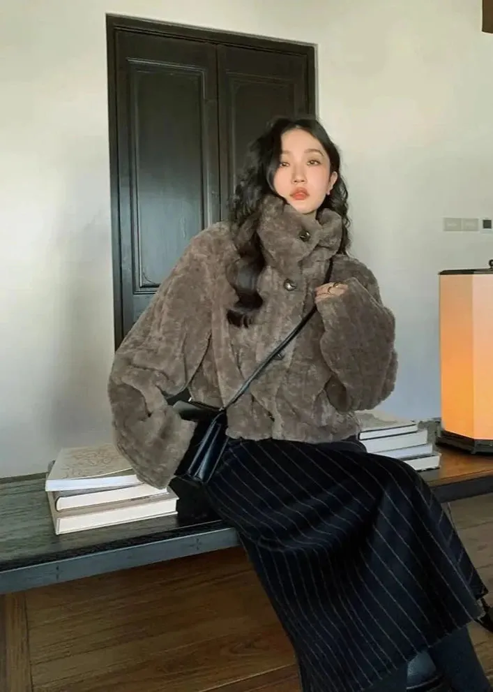 Cropped Faux Buttoned Fur Coat