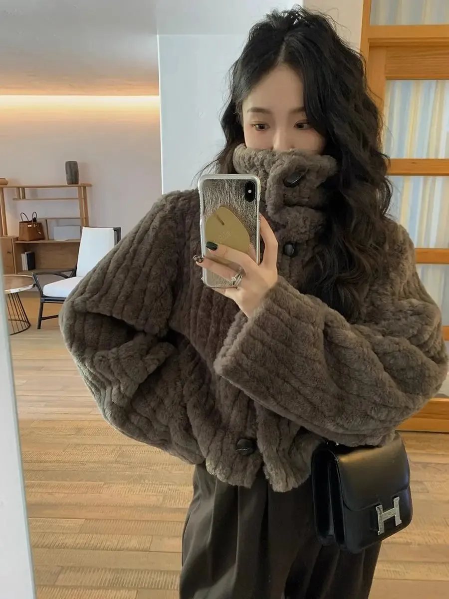Cropped Faux Buttoned Fur Coat