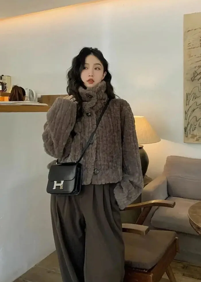 Cropped Faux Buttoned Fur Coat