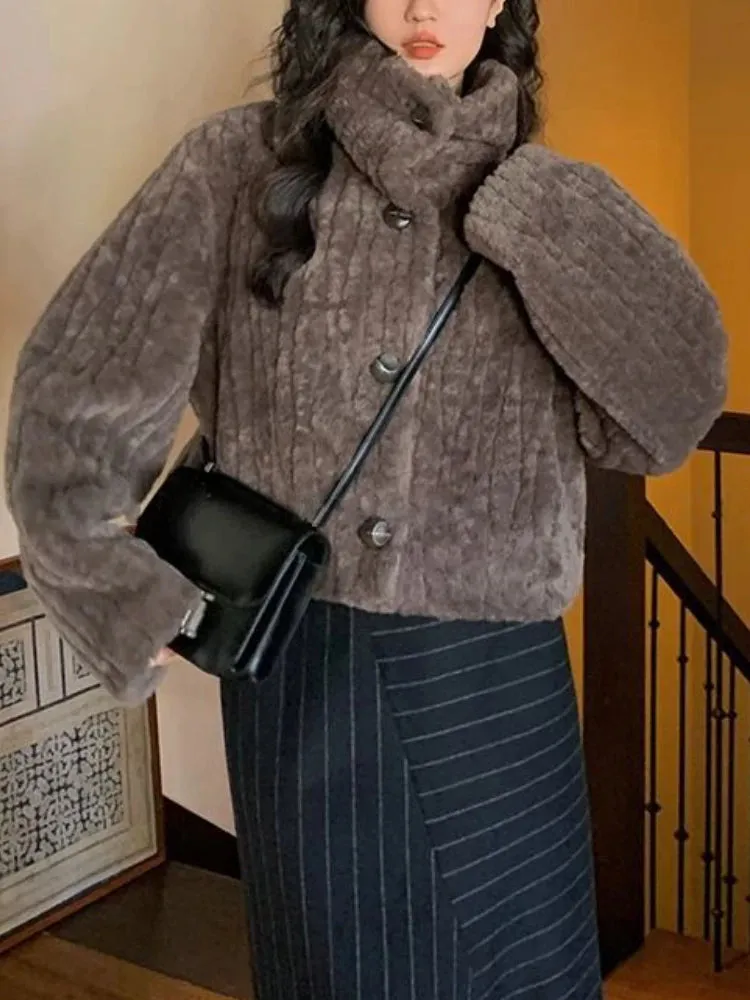 Cropped Faux Buttoned Fur Coat