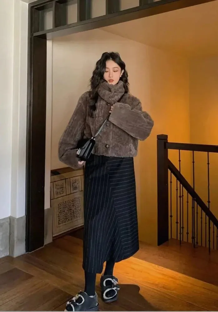 Cropped Faux Buttoned Fur Coat