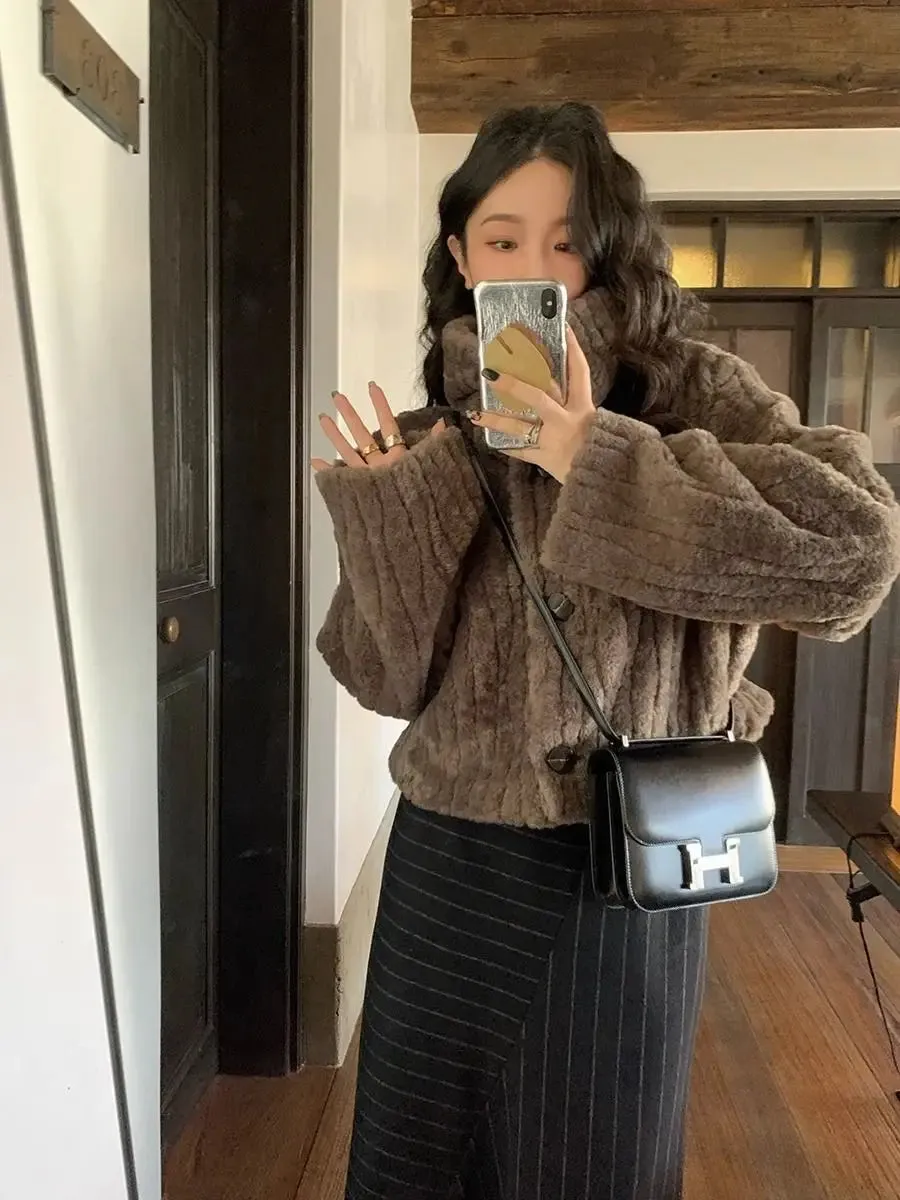 Cropped Faux Buttoned Fur Coat