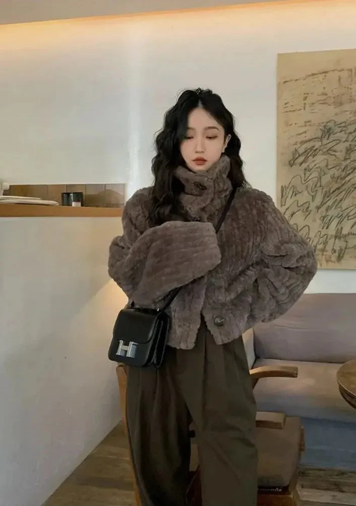 Cropped Faux Buttoned Fur Coat