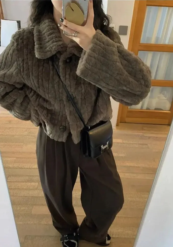 Cropped Faux Buttoned Fur Coat