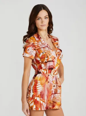 Eco Orange Butterfly Print Cindy Linen Romper
