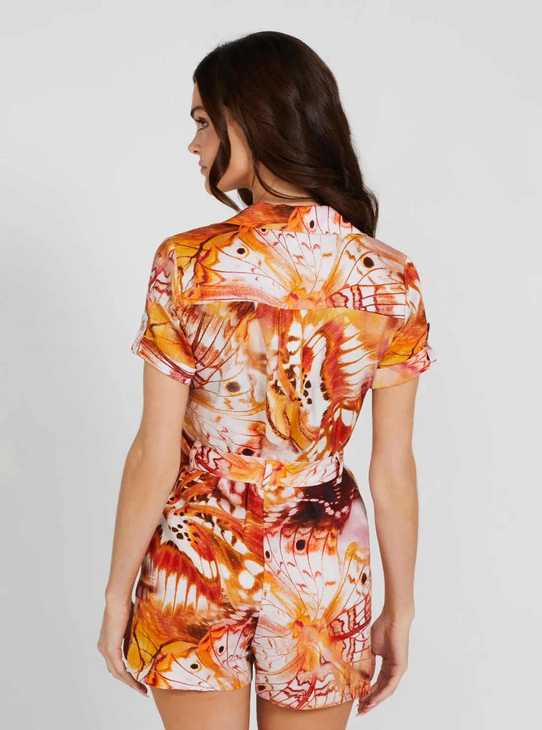 Eco Orange Butterfly Print Cindy Linen Romper