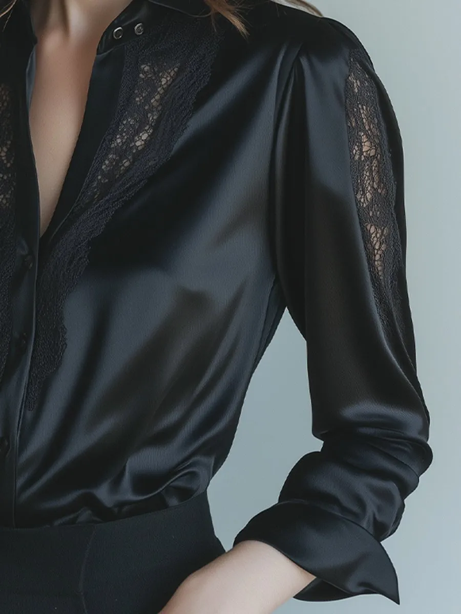 Elegance Satin and Lace Black Blouse