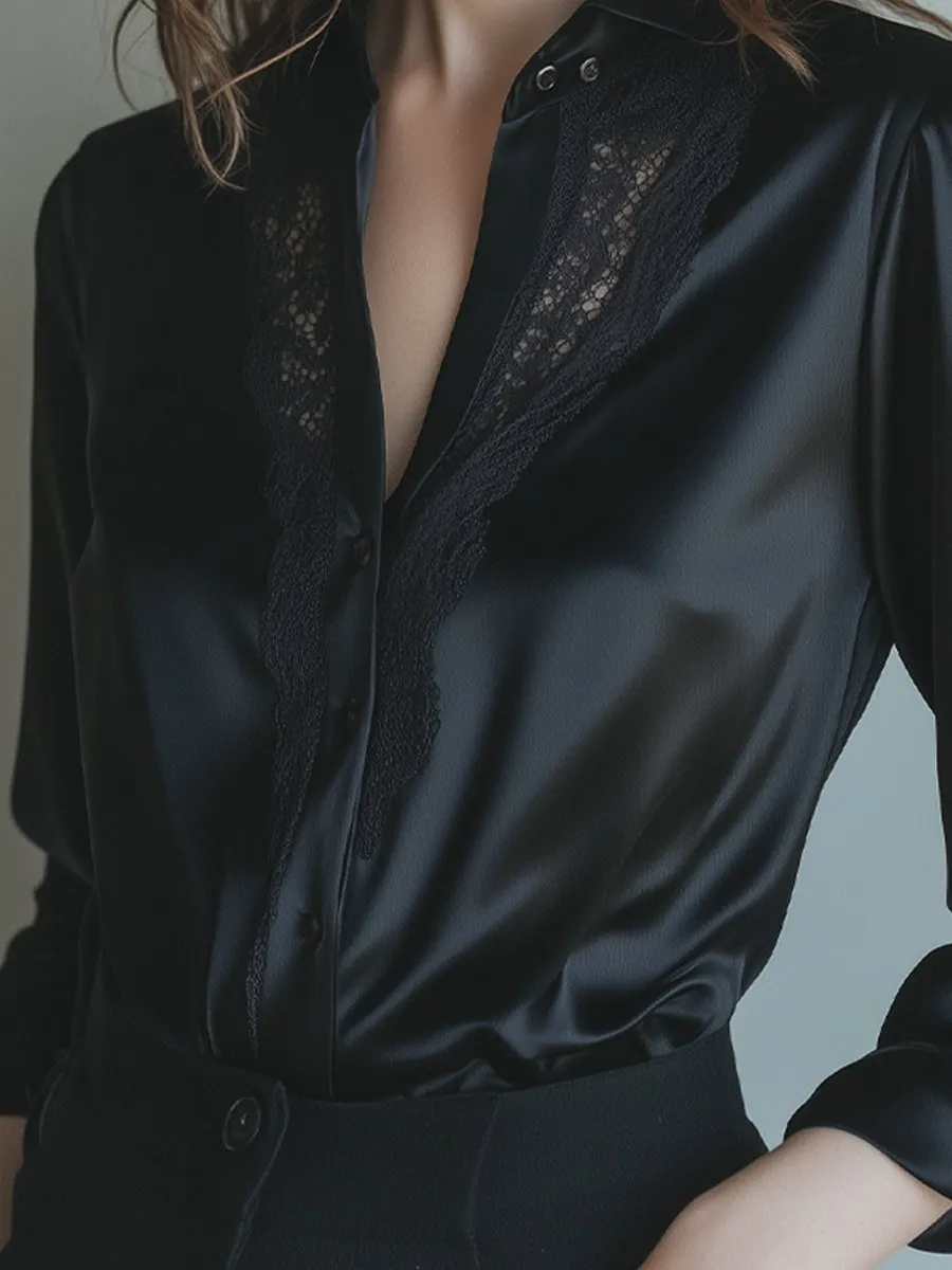 Elegance Satin and Lace Black Blouse