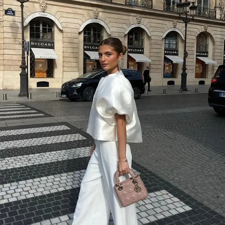 Elegant Satin Puff Sleeve Short Top – French Simplicity Style for Women