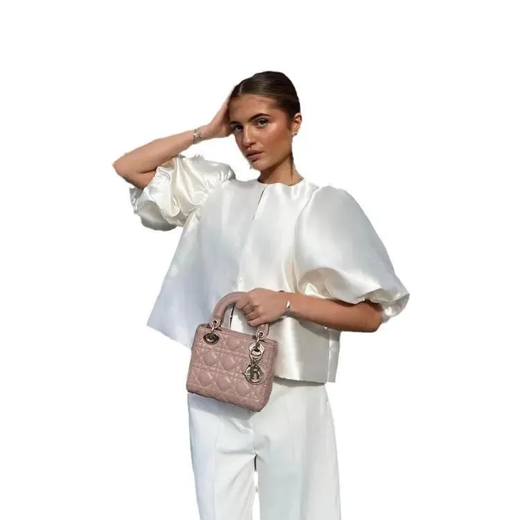 Elegant Satin Puff Sleeve Short Top – French Simplicity Style for Women