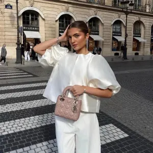 Elegant Satin Puff Sleeve Short Top – French Simplicity Style for Women