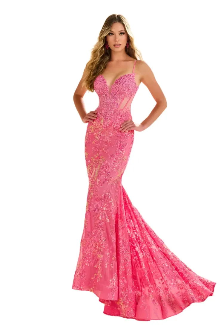 Ellie Wilde EW36003 Size 8 Hot Pink Sheer Corset Sequin Mermaid Backless Prom Dress Pageant Evening Gown