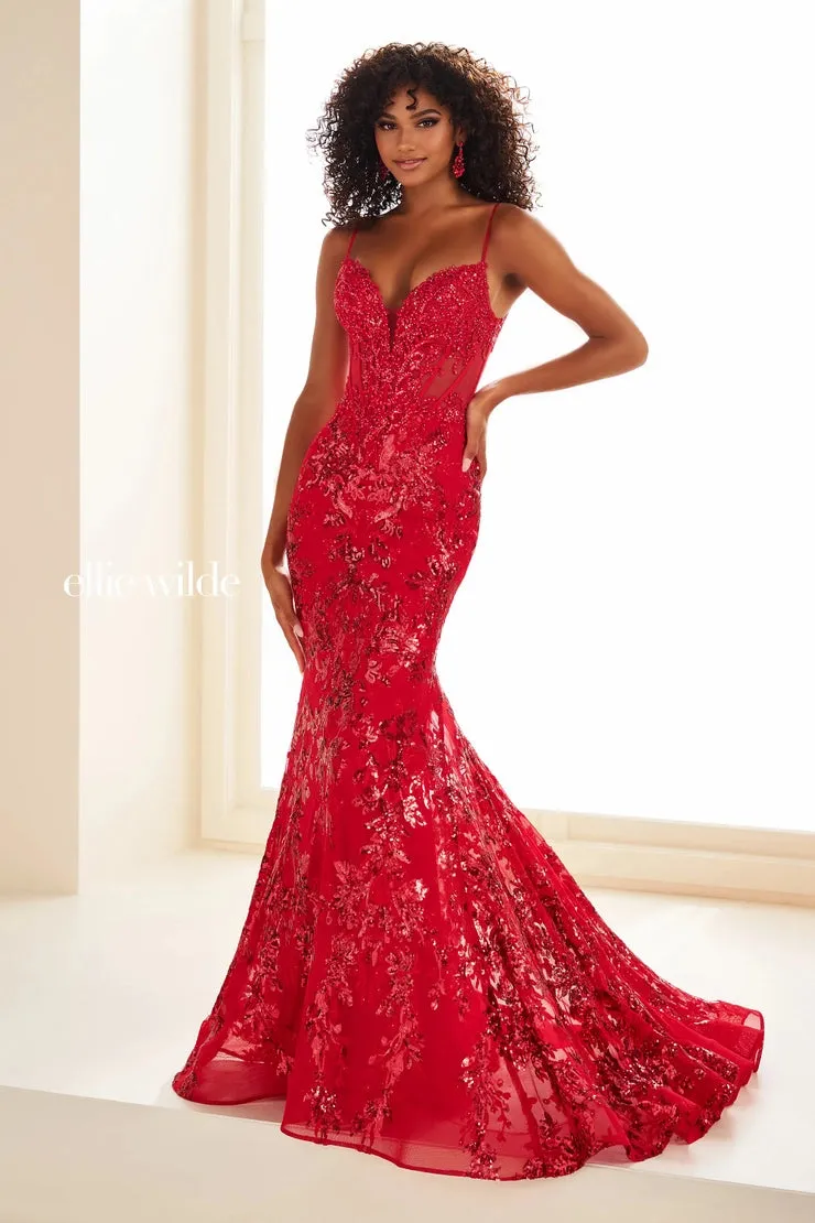 Ellie Wilde EW36003 Size 8 Hot Pink Sheer Corset Sequin Mermaid Backless Prom Dress Pageant Evening Gown