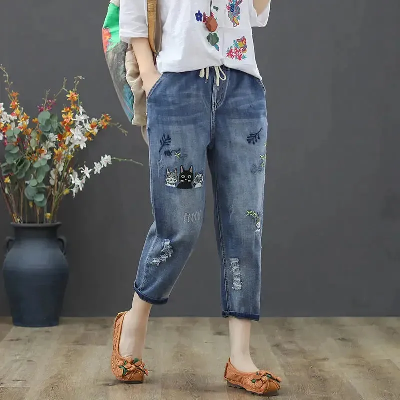 Embroidery Ankle-Length Baggy Jeans Elastic High Waist Harem Pants