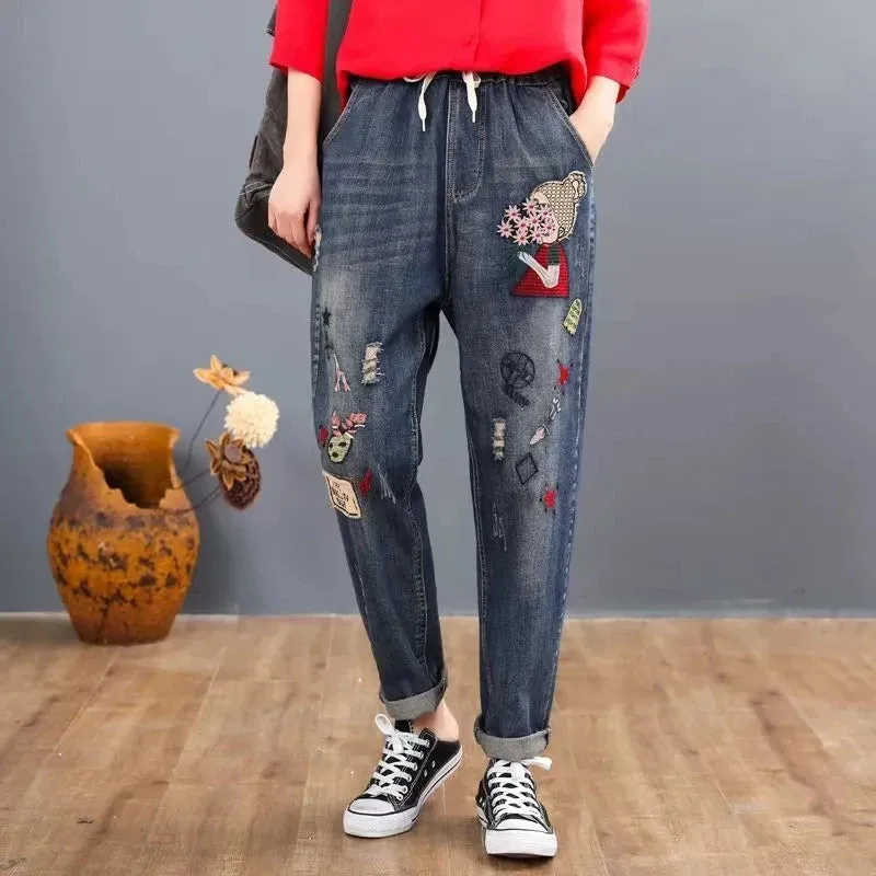 Embroidery Ankle-Length Baggy Jeans Elastic High Waist Harem Pants