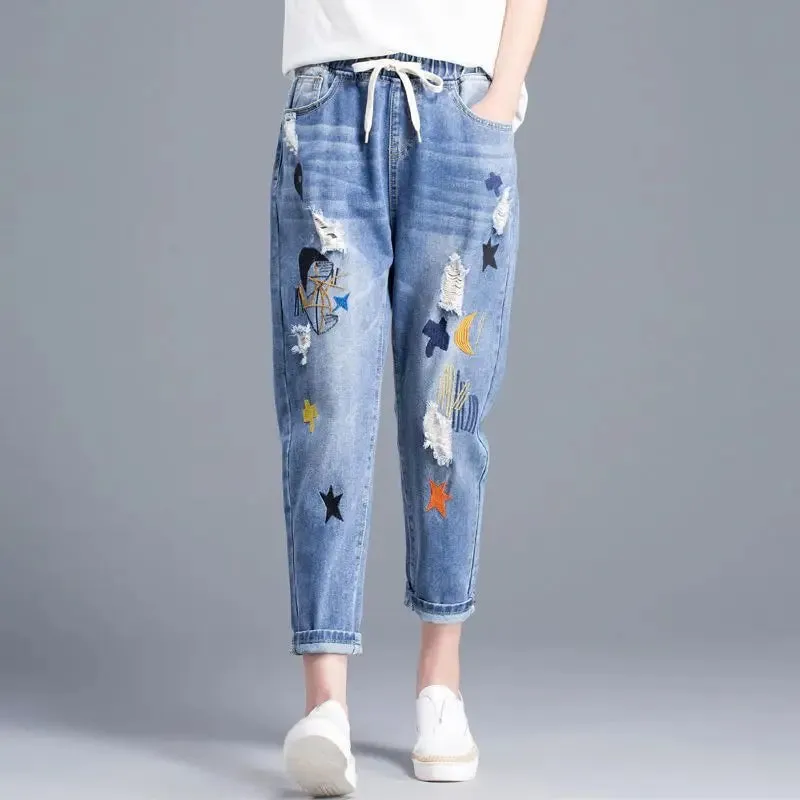 Embroidery Ankle-Length Baggy Jeans Elastic High Waist Harem Pants