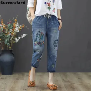 Embroidery Ankle-Length Baggy Jeans Elastic High Waist Harem Pants
