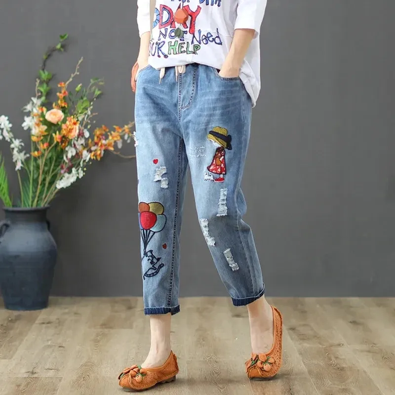 Embroidery Ankle-Length Baggy Jeans Elastic High Waist Harem Pants