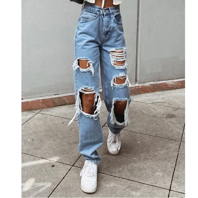 FashionSierra - High Waist Loose Comfortable Ripped Jeans Women Pants Sexy Fashion Boyfriend Denim Pencil Pant