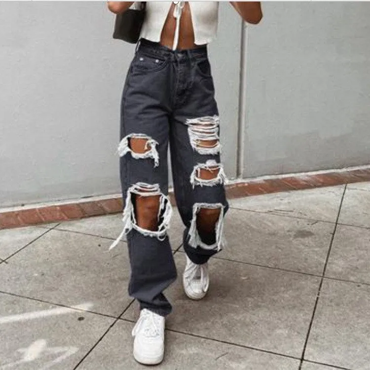 FashionSierra - High Waist Loose Comfortable Ripped Jeans Women Pants Sexy Fashion Boyfriend Denim Pencil Pant
