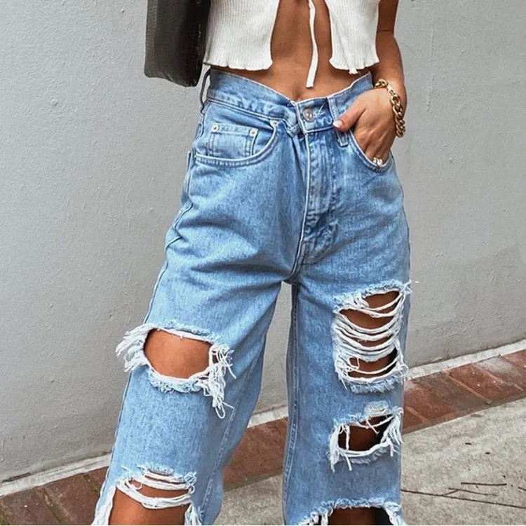 FashionSierra - High Waist Loose Comfortable Ripped Jeans Women Pants Sexy Fashion Boyfriend Denim Pencil Pant