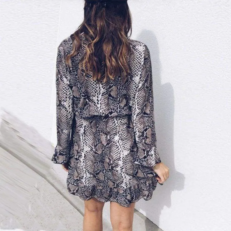 FashionSierra - Women's Boho Mini Dress Long Sleeve V Neck Fashion Snake Leopard Printed Ruffled Frill Party Beach Sundress