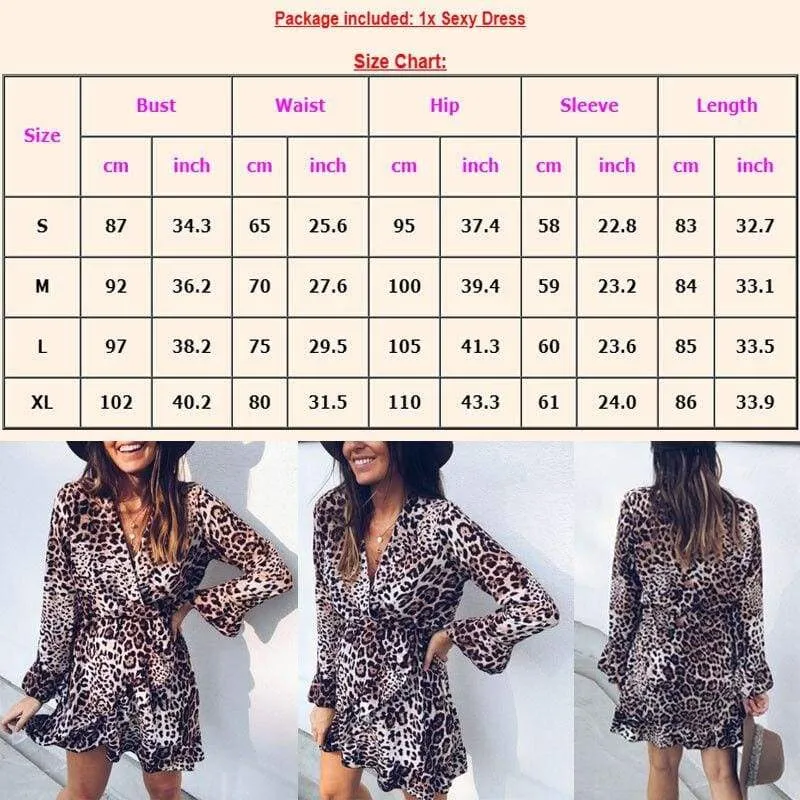 FashionSierra - Women's Boho Mini Dress Long Sleeve V Neck Fashion Snake Leopard Printed Ruffled Frill Party Beach Sundress